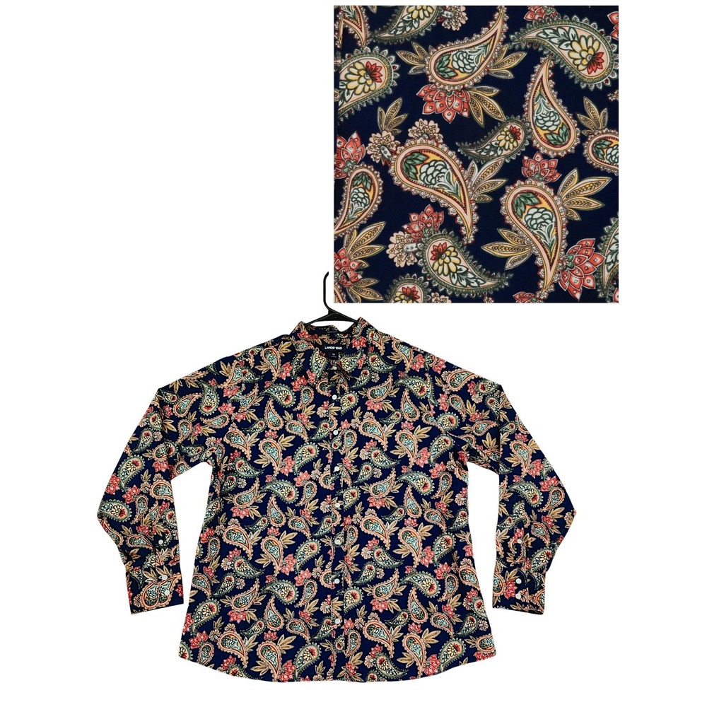 Lands End Button Up Shirt 18 Womens Paisley No Iron Supima Cotton Navy Blue Red
